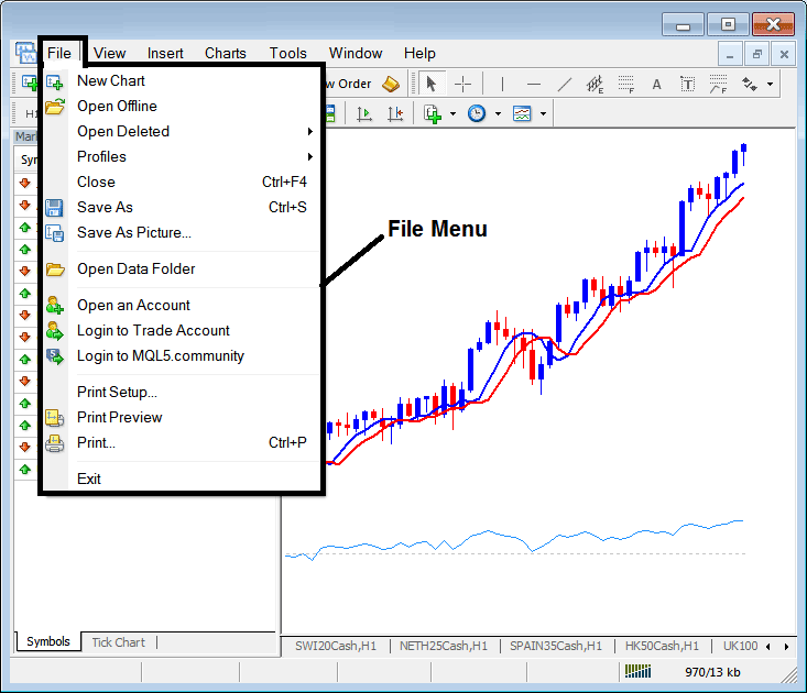 Introduction to MetaTrader 4 Stock Indices Trading Platform Interface - How to Use MT4 Platform Workspace - How to Use MT4 File Menu Explained