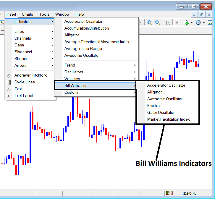 Stock Indices Indicators Insert Menu on MetaTrader 4 Menu Options Add Indicators on MT4