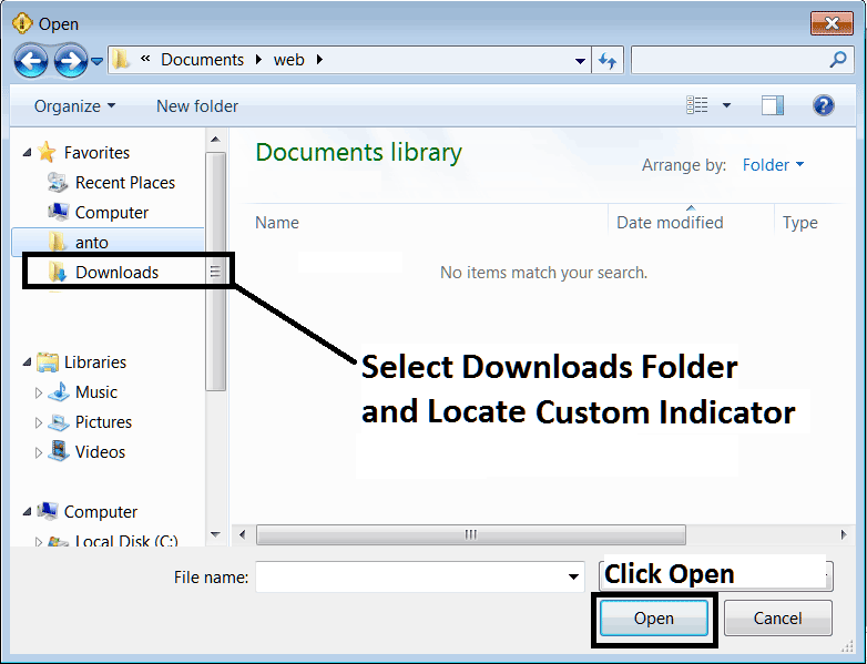 Locate Downloaded Indicator on Your Computer To Install it on MT4 - Technical Indices Trading Indicators MetaTrader 4 Custom Indicators