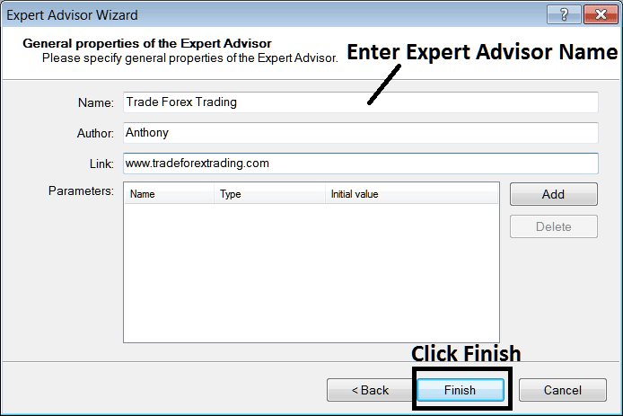 Enter Name of New Automated Indices Expert Advisor Before Adding it to MT5 Indices Trading Platform