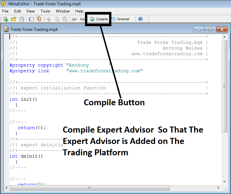Compile The Automated Indices Expert Advisor Program on MT4 MetaEditor Language