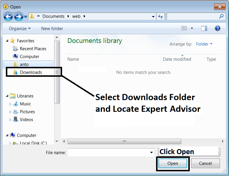 Locate Downloaded Automated Indices Expert Advisor on Computer and Install it on MT5