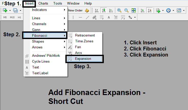 Short Cut of How Do I Add Fibonacci Expansion Tool on MT4? - Setting up Fibonacci Expansion Levels in MT4 - Drawing Fibonacci Expansion on Indices MT4 Charts in MT4