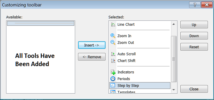 How Do I Customize and Add Buttons to the MT4 Indices Charts Toolbar? - Indices Charts Toolbar Menu and Customizing it in MT4