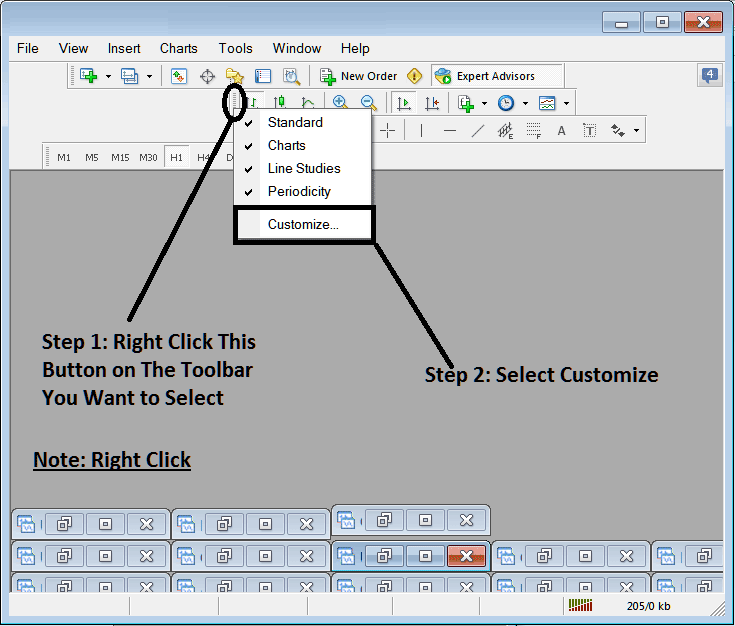 How Do I Customize and Add Tools on the Line Studies Toolbar in MT4?
