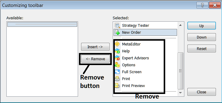 Remove Toolbar Buttons from the Standard Toolbar on MT4 - MetaTrader 4 Stock Index Trading Platform Setup