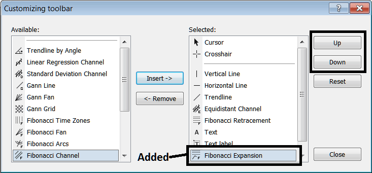 How Do I Add Fibonacci Expansion Levels Indicator on Line Studies Toolbar? - Customizing and Arranging Indices Charts Toolbars on MT4