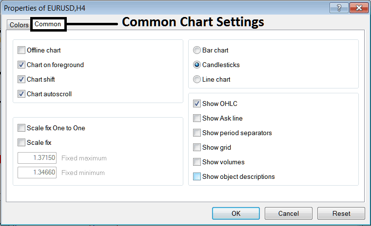 Common Chart Settings on MT4 for Indices Charts - MT4 Stock Index Chart Properties on Charts Menu PDF
