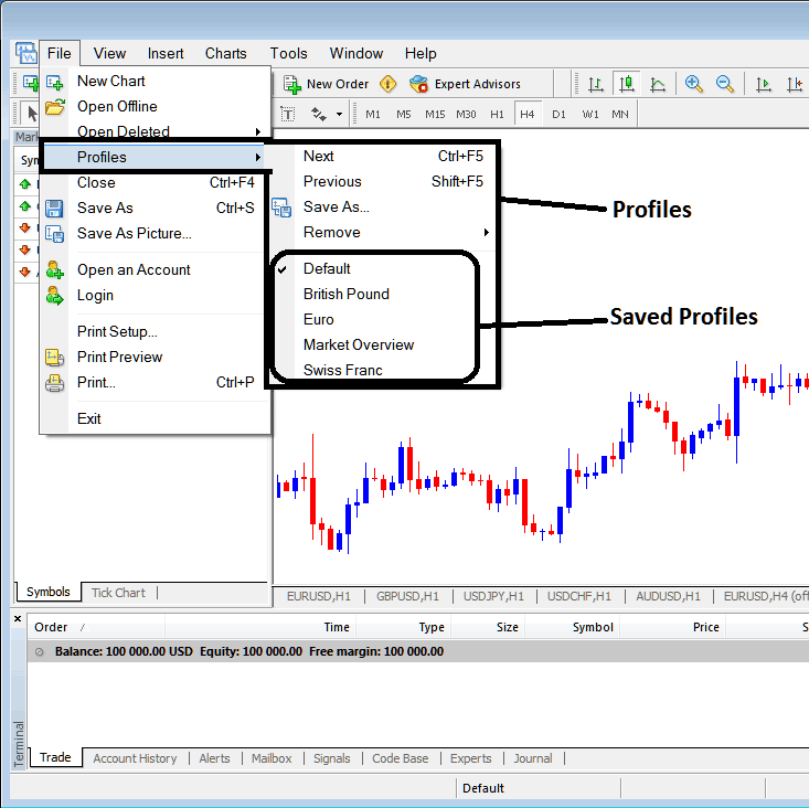 Saving a Profile in MT4 - MT4 Indices Trading Software Work Space