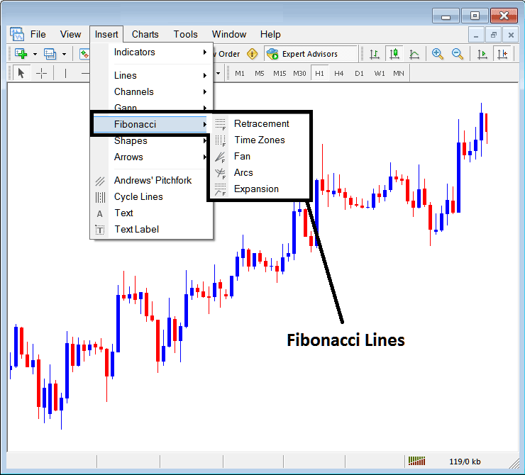 Placing Fibonacci Lines on MT4 - Placing Fibonacci Lines on MetaTrader 4 Indices Charts - Fib Retracements Tool