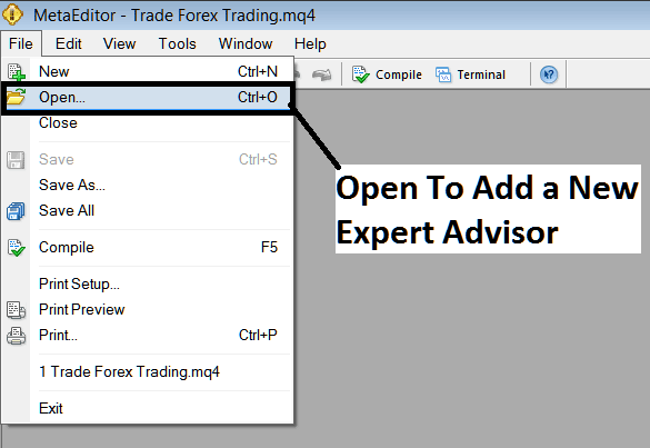 Open and Add a New Downloaded EA to MT4 - MetaTrader 4 Index Trading Software MetaEditor: How Do I Add Index Trading Expert Advisors?