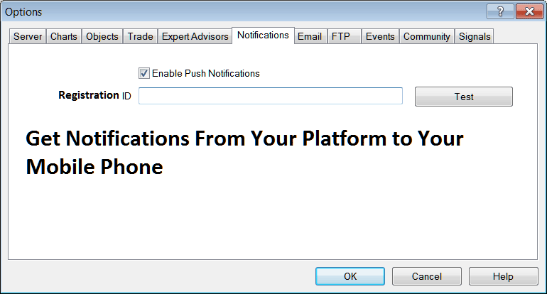 Notifications Settings for Mobile Phone on MT4 - Index Charts Options Setting on Tools Menu in MetaTrader 4