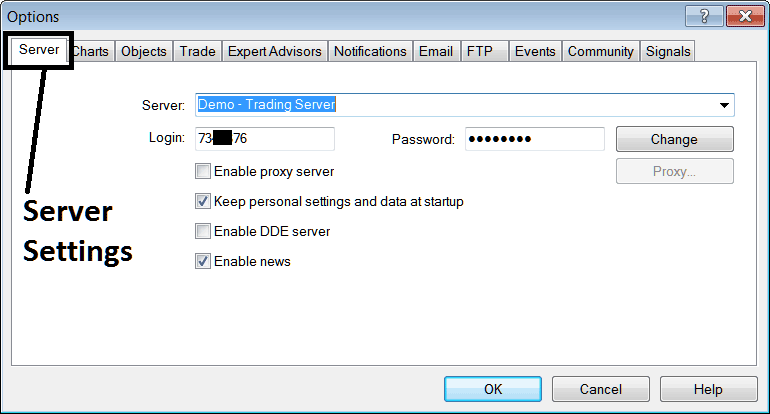 Server Setting Option in MT4 - Index Charts Options Settings on Tools Menu in MetaTrader 4