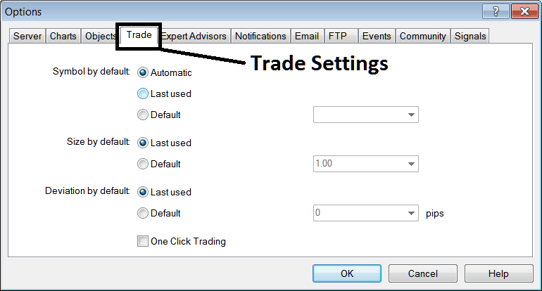 Trade Settings Option on MT4 - Stock Index Charts Options Setting on Tools Menu in MT4 - MetaTrader 4 Stock Index Charts Options Settings on Tools Menu