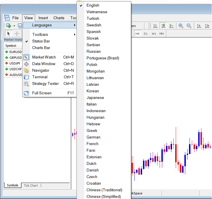 Changing Language of MT4 Indices Trading Software - Changing Language of MT4 Stock Index Trading Platform - MT4 Language Settings - Changing Language Settings MT4