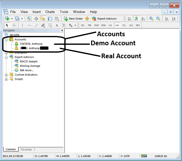 Demo Account and Real Account on MT4 - Indices MetaTrader 4 Navigator Window - How to Use Stock Index MT4 Navigator Window PDF
