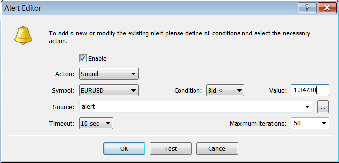 MT4 Window for Setting Trading Alerts on MetaTrader 4 Terminal Window - Stock Index MT4 Terminal Window