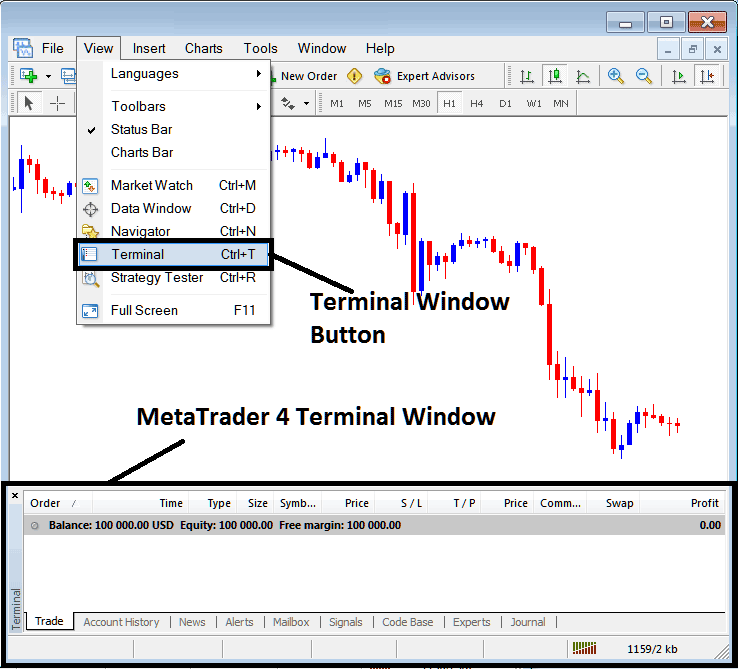 MT4 Terminal Window and Terminal Button View Menu - MT4 Stock Indices Trading Transactions Tabs Panel