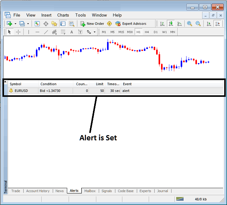 Trade Alert Setup in MetaTrader Alerts Tab - Index MT4 Terminal Window - Index MT4 Online Trading Platform