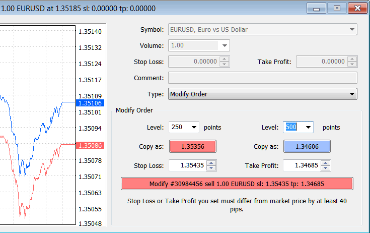 Setting Up a Market Order to Buy or Sell Indices in MT4 - MT4 Index Trading Transactions Tabs Panel