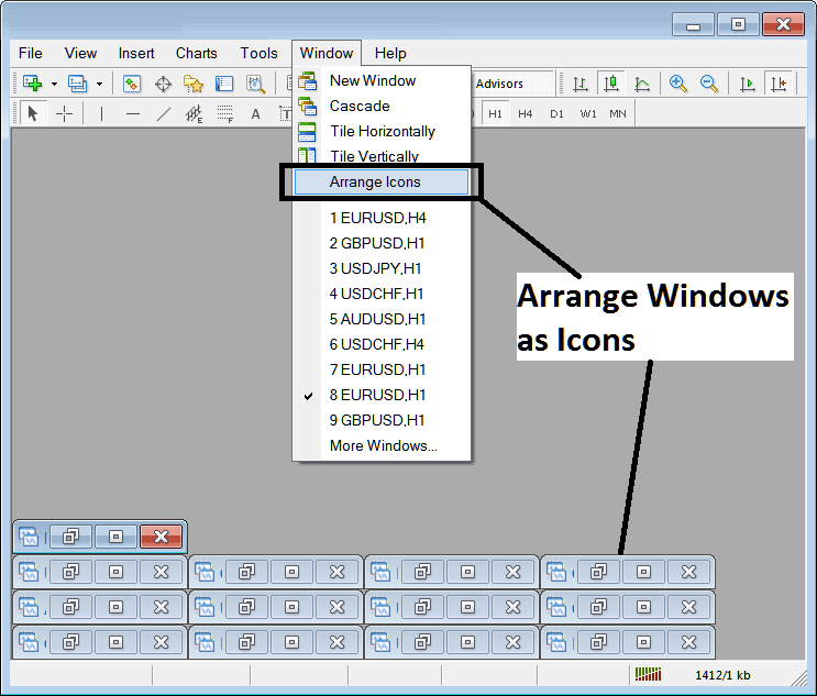 Arrange Indices Charts as Icons in MT4 - MetaTrader 4 Open Stock Indices Trading Charts List on MT4