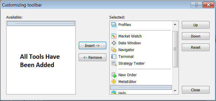 How to Customize and Add Tools on Standard MT5 Toolbar - Stock Indices Platform MT5 Standard Toolbar Menu and Customizing it on MT5
