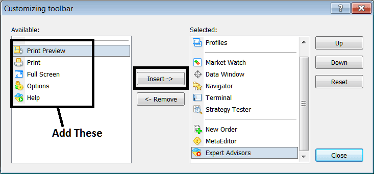 Customize and Add Buttons on Standard MT5 Toolbar - Indices Platform MetaTrader 5 Standard Toolbar Menu and Customizing it on MetaTrader 5