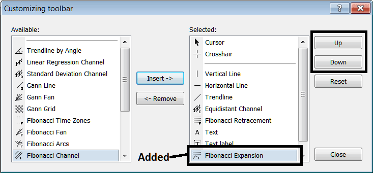 How to Add Fibonacci Expansion Indicator on Line Studies Toolbar