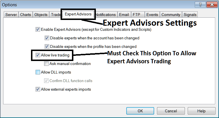 Automated Indices EAs Settings Option on MT5 - Indices Platform MT5 Options Setting on Tools Menu on MetaTrader 5