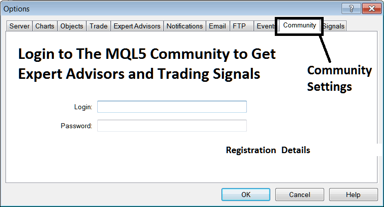 MQL5 Community Login from the MT5 Indices Trading Software - MetaTrader 5 Indices Charts Options Setting on Tools Menu