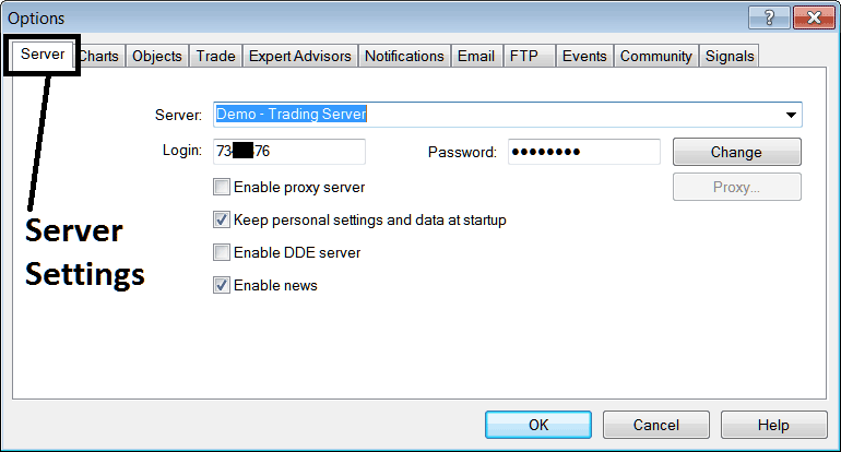 Server Setting Option in MT5 - Index Platform MT5 Options Settings on Tools Menu on MetaTrader 5