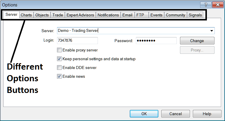 MT5 Options Settings Window for Various MT5 Trader Settings - Index Platform MT5 Options Settings on Tools Menu on MT5
