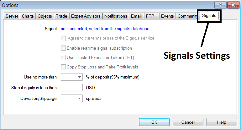 Signal Settings - Stock Index Platform MT5 Options Setting on Tools Menu on MetaTrader 5