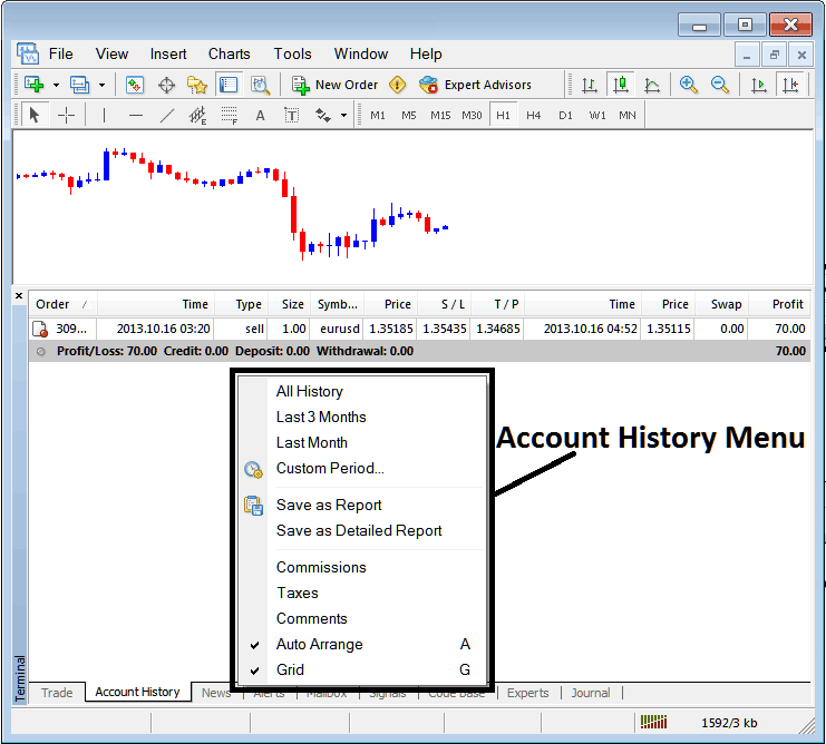 Account History Menu for Generating Detailed Trading Reports