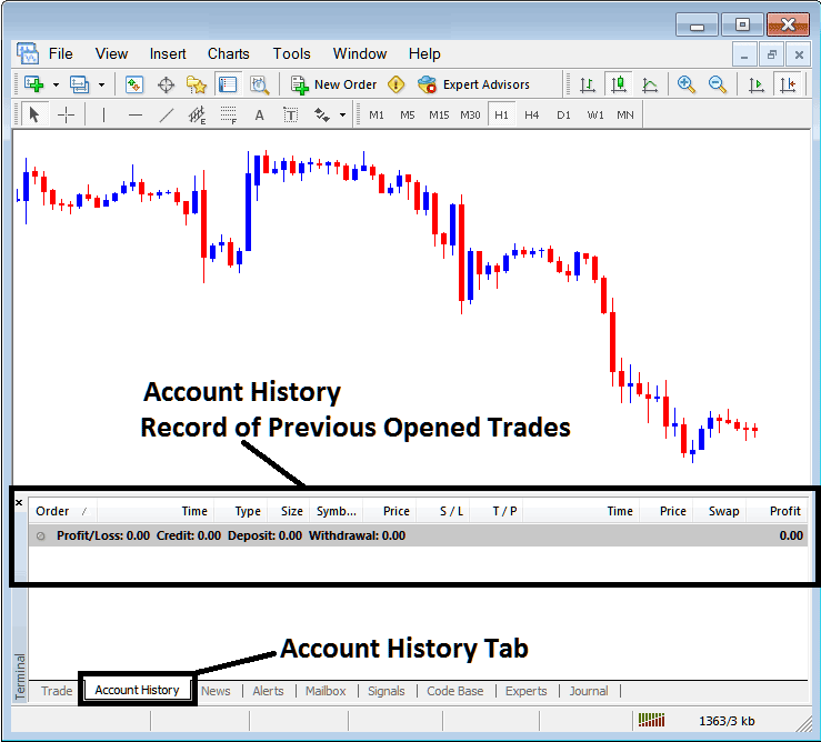 Account History Tab for Recording Closed Trade Orders on MT5 - MetaTrader 5 Transactions Tab Panel