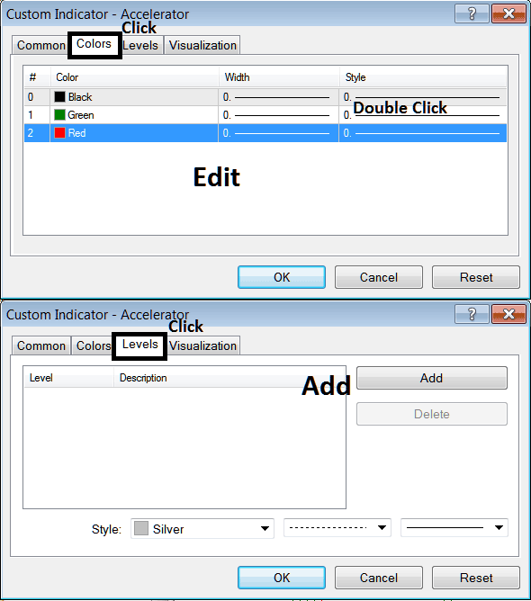 MT5 Edit Properties Window for Editing Accelerator Oscillator MT5 Indices Technical Chart Indicator Setting - Place MT5 Indices Indicator Accelerator Oscillator on Indices Chart on MT5