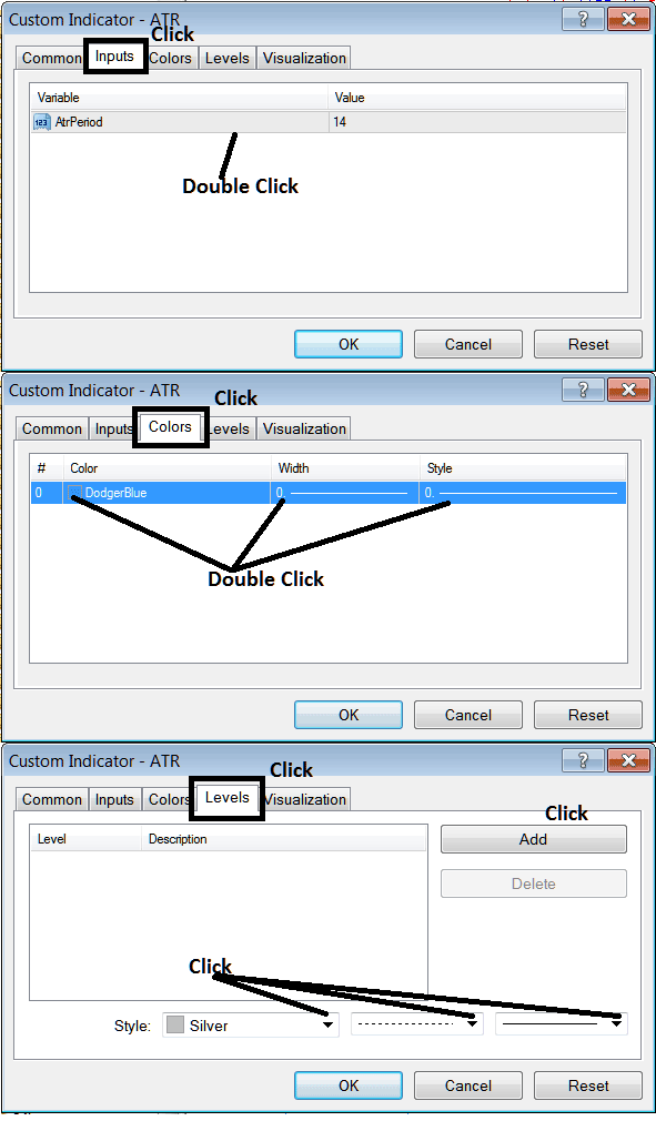 MT5 Edit Properties Window for Editing Average True Range MT5 Indices Technical Chart Indicator Settings