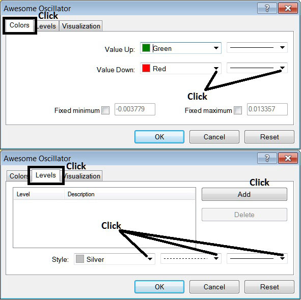 Edit Properties Window for Editing Awesome Oscillator Indices Indicator Settings - How to Place Awesome Oscillator Indices Indicator on Chart on MT4