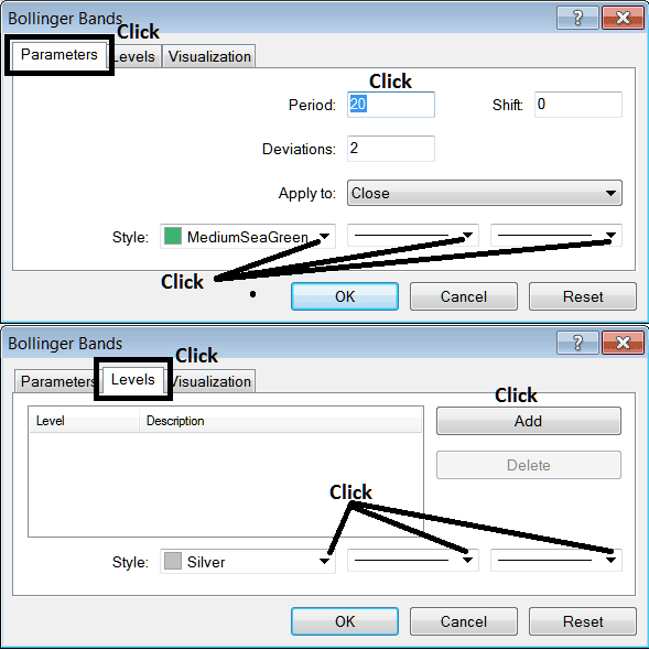 Edit Properties Window for Editing Bollinger Bands Stock Indices Indicator Settings - How Do You Place Bollinger Bands Indices Technical Indicator on Trading Chart on MT4?