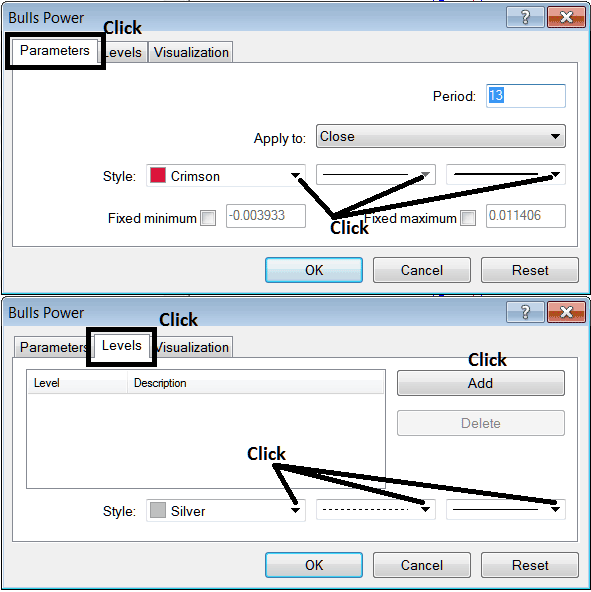 Edit Properties Window for Editing Bulls Power Indices Indicator Settings - Place Bulls Power Indices Indicator on Chart on MT4