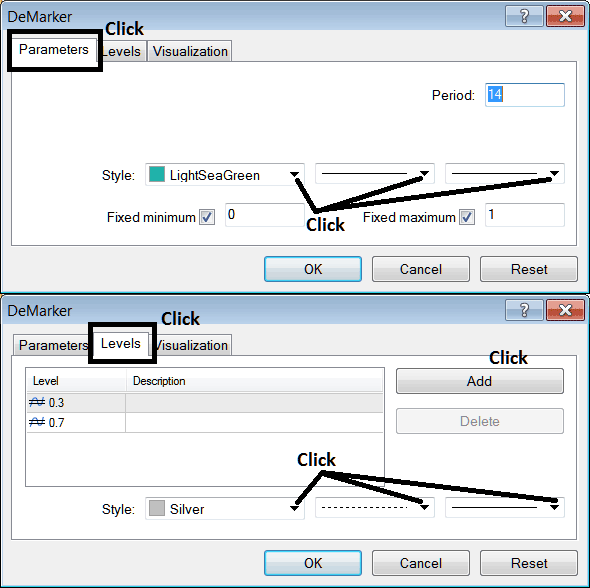 MT5 Edit Properties Window for Editing Demarker MT5 Indices Technical Chart Indicator Settings - How to Place MT5 Indices Indicator Demarker Indices Indicator on Indices Chart on MT5