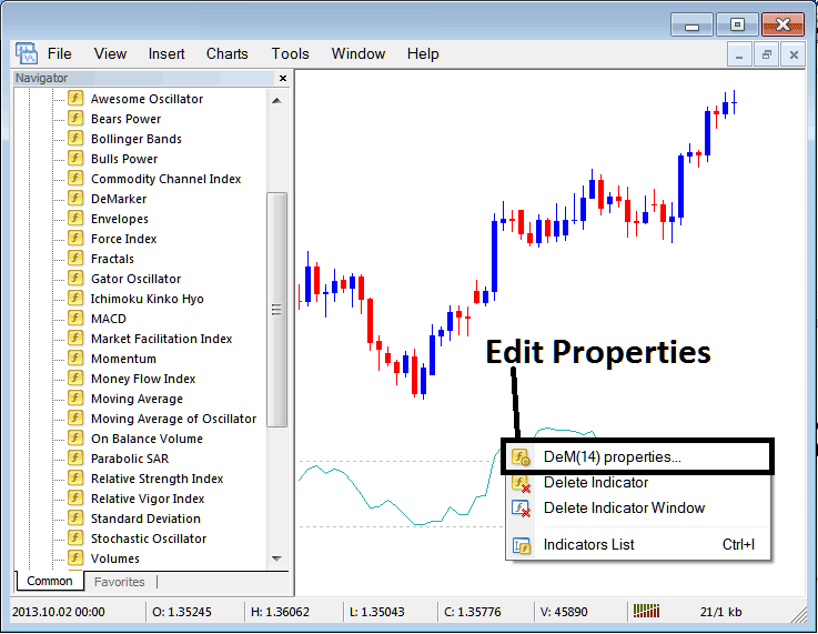 How to Edit Demarker MT5 Indicator Properties - Place MetaTrader 5 DeMarker Indices Indicator on Indices Chart in MetaTrader 5