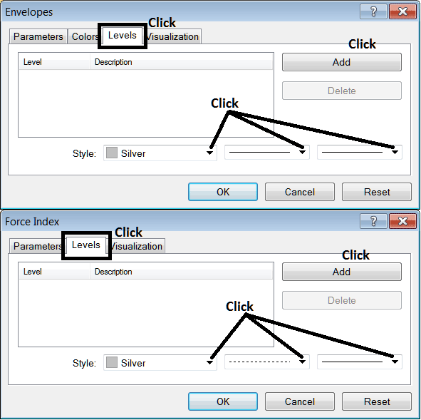 MT5 Edit Properties Window for Editing Force Index MT5 Indices Technical Chart Indicator Settings - Place MT5 Indices Indicator Force Index Indicator in MT5 Indices Chart on MT5