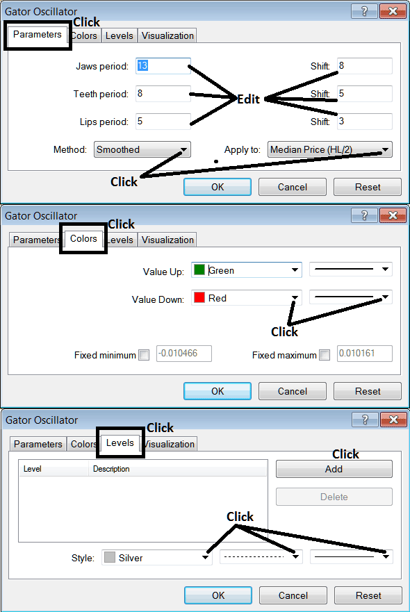 Edit Properties Window for Editing Gator Oscillator Indicator Settings - How to Place Gator Indicator in MT4 Stock Index Chart - Understanding Stock Index Gator Indicator