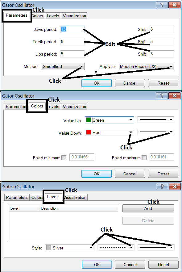 MT5 Edit Properties Window for Editing Gator Oscillator MT5 Indices Technical Chart Indicator Settings - Place MetaTrader 5 Indices Indicator Gator Oscillator Technical Indicator on MetaTrader 5 Indices Chart