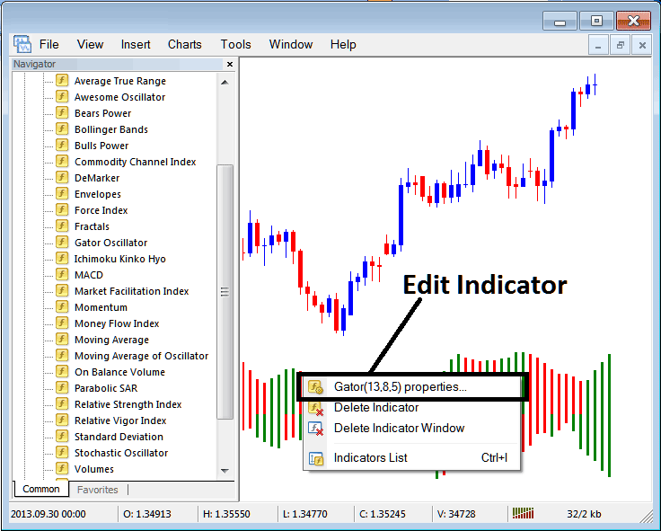 How Do I Edit Gator Oscillator MT5 Indicator Properties? - How to Place MT5 Gator Indicator in MT5 Index Chart