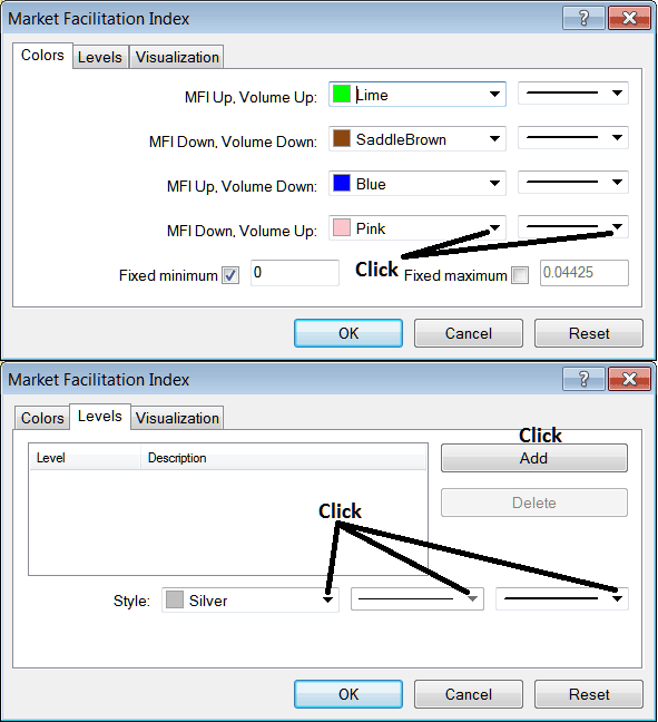 MT5 Edit Properties Window for Editing Market Facilitation Index MT5 Indices Technical Chart Indicator Settings - Place MetaTrader 5 Technical Indicator Market Facilitation Technical Indicator on Chart