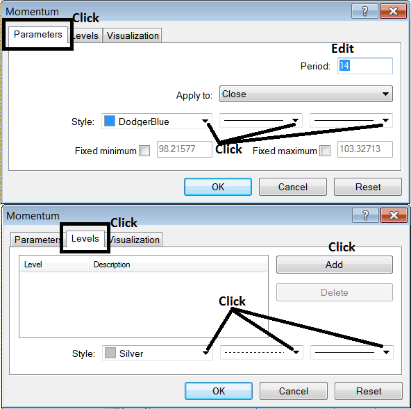 MT5 Edit Properties Window for Editing Momentum MT5 Indices Technical Chart Indicator Settings - Place MT5 Indices Indicator Momentum Indices Indicator on Indices Chart on MT5