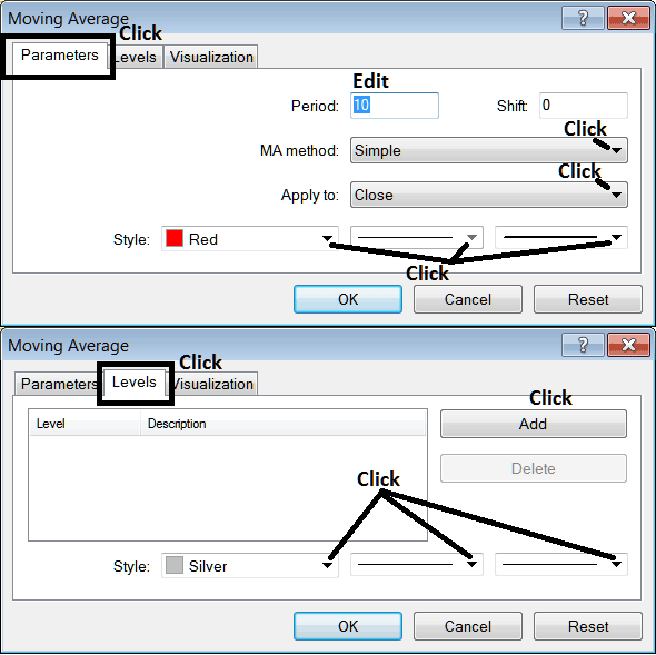 How to Edit Moving Average MetaTrader 5 Indicator Properties - How to Place MT5 Moving Average Stock Index Indicator on MetaTrader 5 Stock Index Chart in MT5