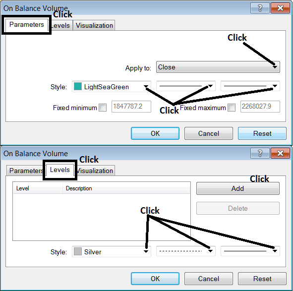 MT5 Edit Properties Window for Editing On Balance Volume Indicator Settings